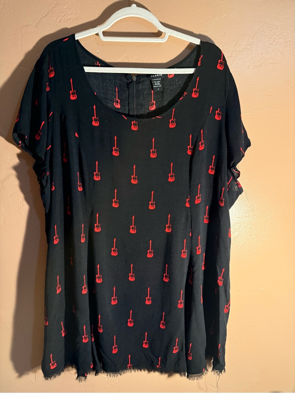 torrid 3X Black Top with Red Guitar Motif and fringe hem